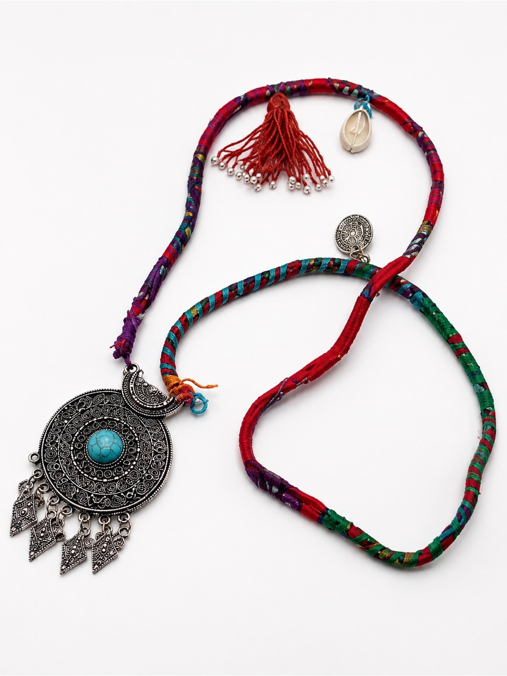 Bohemian Turquoise Medallion Pendant Necklace in Multicolor Cord